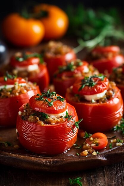 Stuffed tomatoes with feta and parsley on a tray.