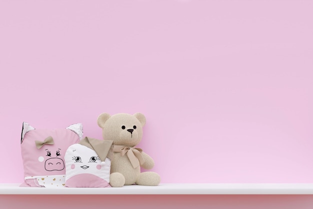 Stuffed toy teddy bear and animal pillows on white shelf 3d rendered illustration