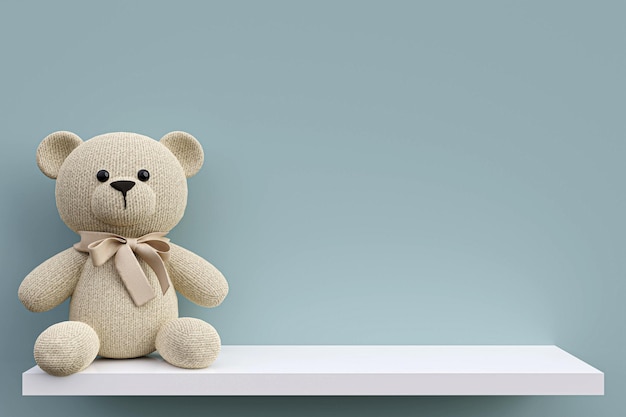 Stuffed toy teddy bear on a white shelf 3d rendered illustration