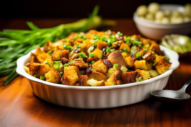 Stuffing is cooked inside the turkey or separately and is a classic Thanksgiving side dish