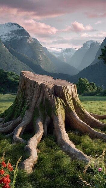 A stump sitting in a grassy field next to mountns