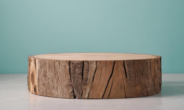 stump wood stand against a wall in a pastel colors Product stand and display podium