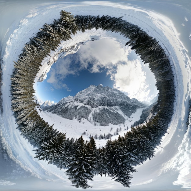 Stunning 360 Panoramic View of Snowy Mountain Peak and Evergreen Trees