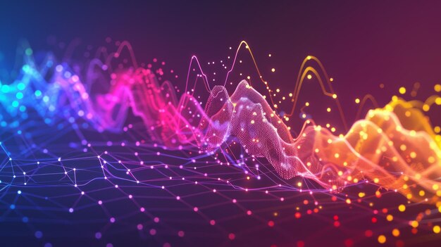 A stunning 3D animation featuring a fluid abstract graph with peaks and valleys in a vibrant spectrum of colors against a dark background embodying financial growth energy and dynamic movement