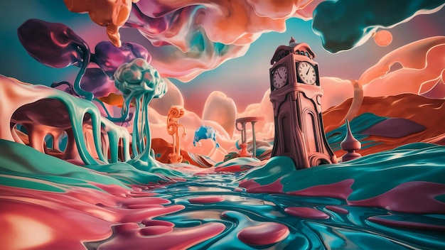 Photo a stunning 3d artwork of a surreal dreamscape with melting objects and vibrant colors