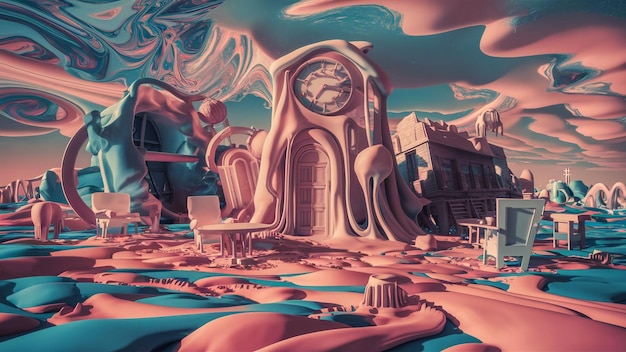 Photo a stunning 3d artwork of a surreal dreamscape with melting objects and vibrant colors