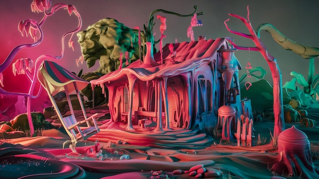 Photo a stunning 3d artwork of a surreal dreamscape with melting objects and vibrant colors