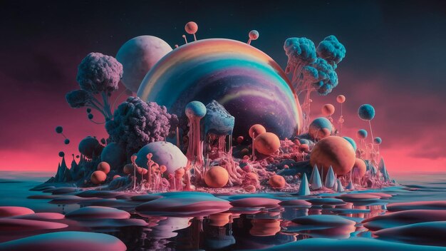 A stunning 3D artwork of a surreal dreamscape with melting objects and vibrant colors