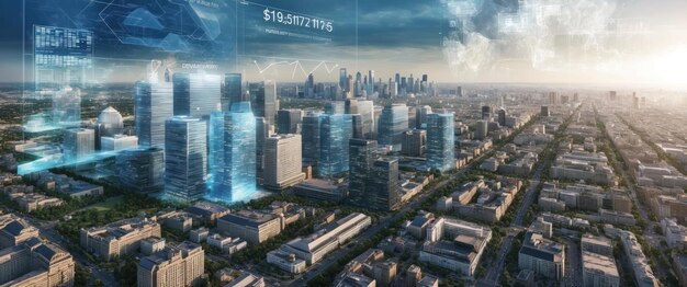 Photo a stunning 3d cityscape model showcasing dynamic financial data and analytics