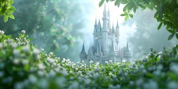 Stunning 3D digital artwork of a fantasy castle with lush greenery Concept Fantasy Castle 3D Artwork Greenery Digital Rendering