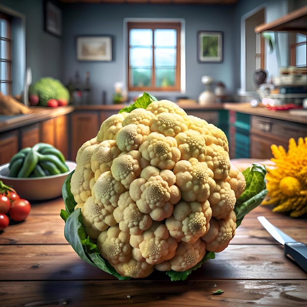 Photo a stunning 3d illustration of a single vibrant cauliflower resting on a wooden kitchen counter