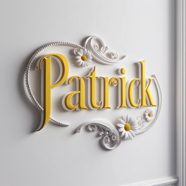 A stunning 3D logo design of the acronym Patrick rendered in luxurious white and yellow lettering set against a pristine white background