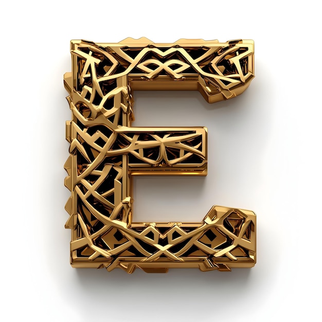 Photo stunning 3d metallic gold letter e with intricate geometric patterns on white background