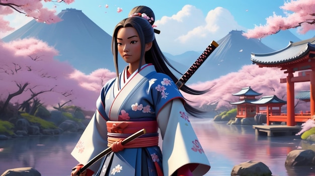 A stunning 3D render of the character dressed in traditional samurai armor Her long flowing