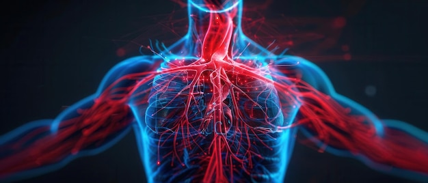 A stunning 3D render of the circulatory system illuminated in vibrant red and blue