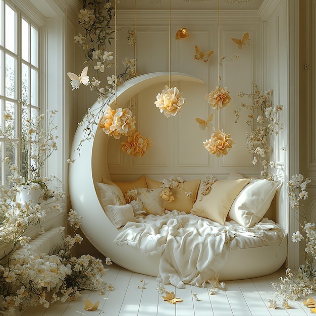 Photo a stunning 3d render of a luxurious offwhite crescent with hanging colored stars card elegantly ad