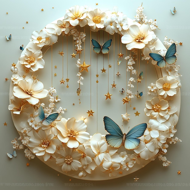 Photo a stunning 3d render of a luxurious offwhite crescent with hanging colored stars card elegantly ad