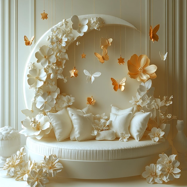 A stunning 3D render of a luxurious offwhite crescent with hanging colored stars card elegantly ad