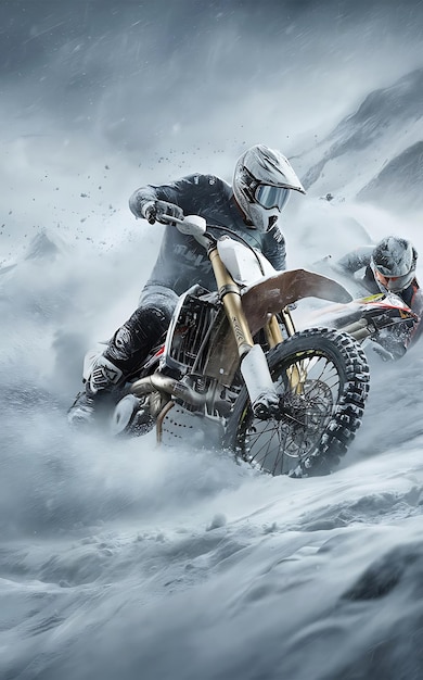 A stunning 3D render of a snowy motorbike race with a daring rider expertly maneuvering their bike through the thick snow