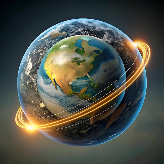 A stunning 3D rendering of Earth with a glowing ring symbolizing energy connection and global impact