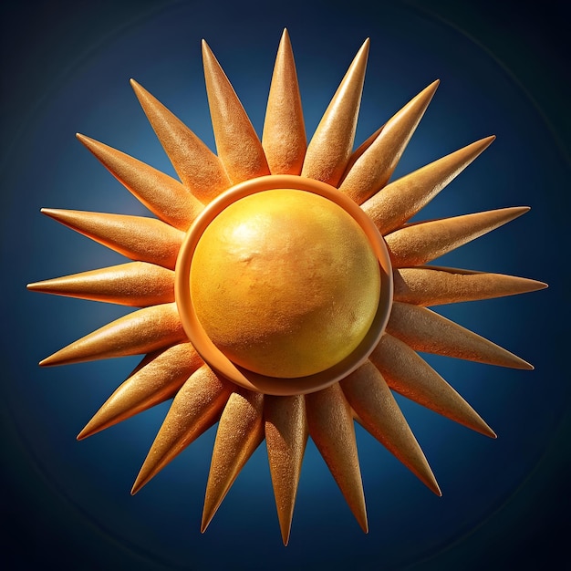 A stunning 3D rendering of a golden sun with a textured surface and sharp rays