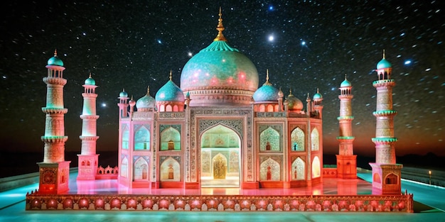 A stunning 3D rendering of the Taj Mahal made entirely of magical ice glowing and shimmering with v