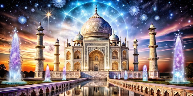 A stunning 3D rendering of the Taj Mahal made entirely of magical ice glowing and shimmering with v