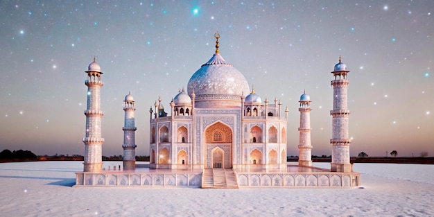 A stunning 3D rendering of the Taj Mahal made entirely of magical ice glowing and shimmering with v