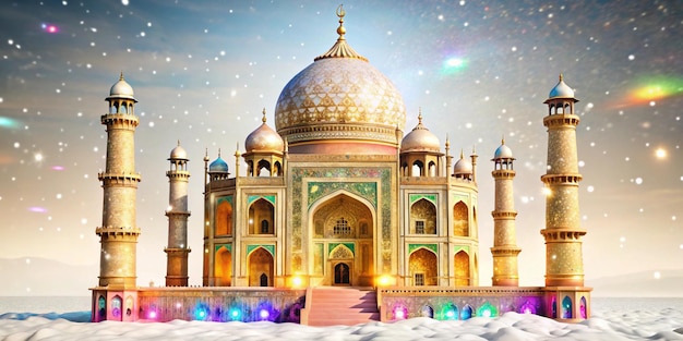 A stunning 3D rendering of the Taj Mahal made entirely of magical ice glowing and shimmering with v