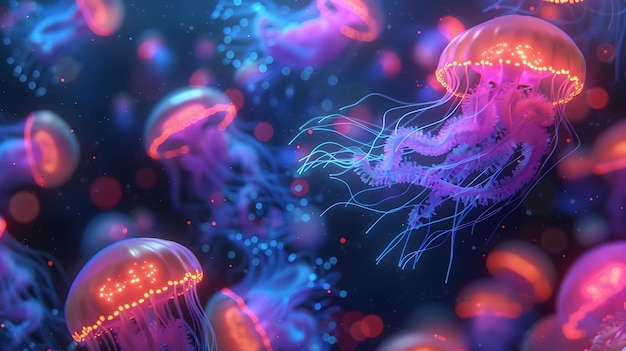 Stunning 3D Rendering of Vibrant Bioluminescent ProtozoansAmoebaLike Organismsand