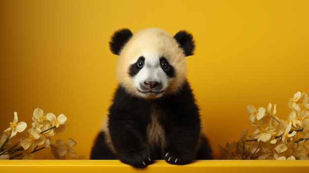 Photo stunning 8k resolution baby panda photo on yellow background