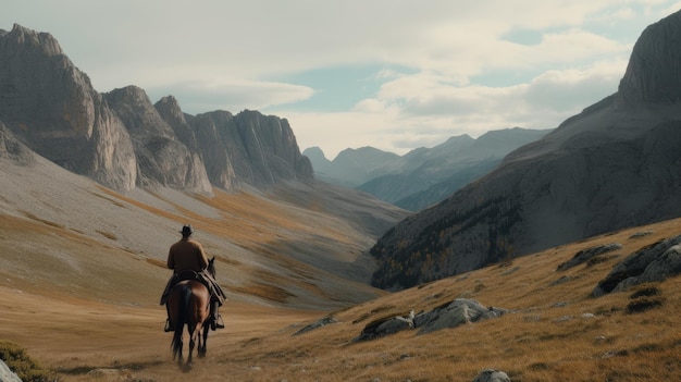 Stunning 8k Still Image Of Cowboy Riding Through Majestic Rocky Mountains