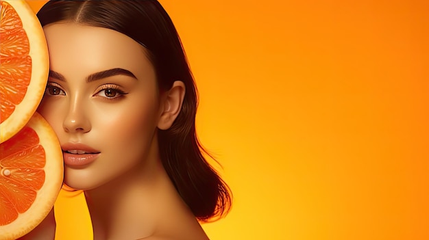 Stunning advertising model on orange backdrop with blank area