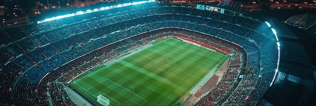 Stunning Aerial Night View of Barcelona Stadium Aglow with Lights and Packed with Fans Generative ai