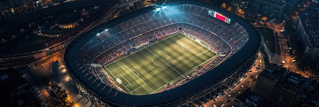 Stunning Aerial Night View of Barcelona Stadium Aglow with Lights and Packed with Fans Generative ai