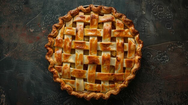 Photo a stunning aerial perspective of a freshly baked pie showcasing its flaky crust and golden texture