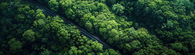 A stunning aerial photograph capturing a tranquil road winding through a dense vibrant green forest showcasing the beauty of nature from above