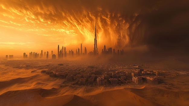 A stunning aerial photograph of the Dubai skyline with dramatic clouds and desert sands