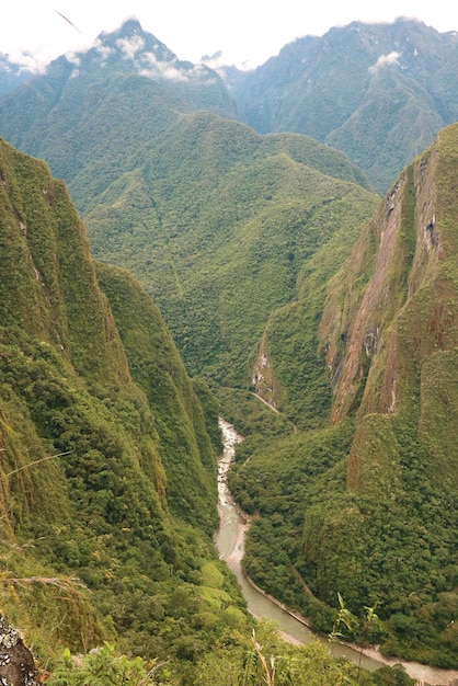 Stunning Aerial View of Aguas Calientes Town and Urubamba River as Seen from Machu Picchu Peru