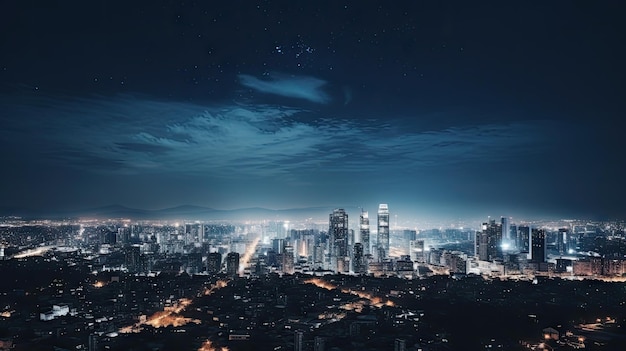 A stunning aerial view of a city at night with bright lights illuminating the skyline