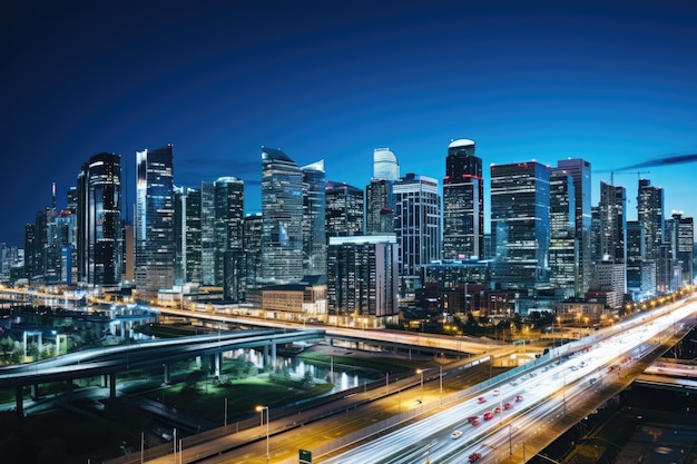 A stunning aerial view of a city at night with bright lights illuminating the skyline