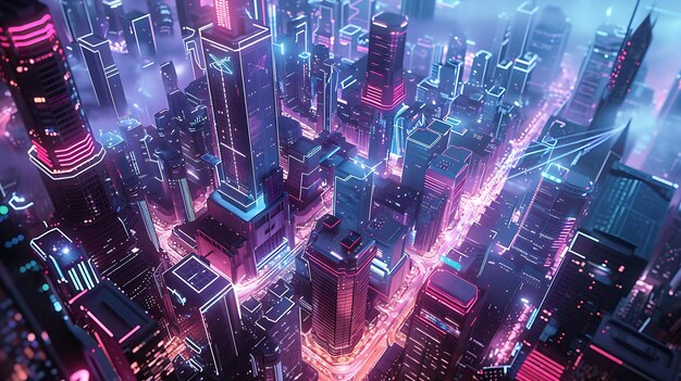 A stunning aerial view of a cyberpunk city at night The city is full of tall skyscrapers and bright neon lights