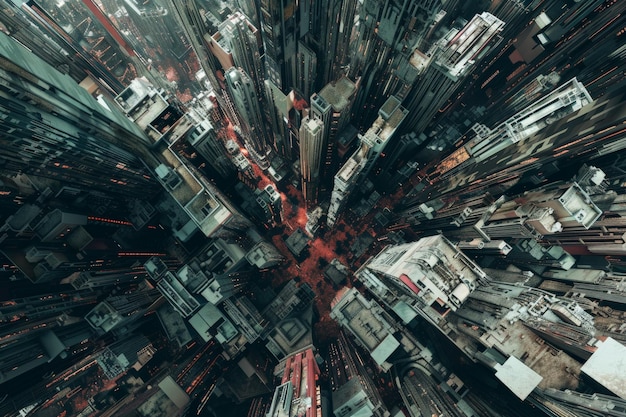 A stunning aerial view of densely packed skyscrapers in a bustling cityscape showcasing urban architecture and city planning from above