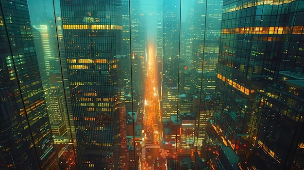 A stunning aerial view of a foggy cityscape at night with illuminated skyscrapers and a central road