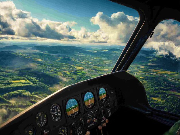 Stunning aerial view from an aircraft cockpit showcasing vast green landscapes and dramatic clouds under a bright sky