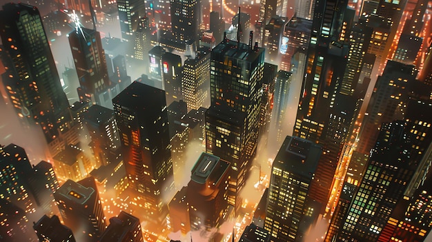 A stunning aerial view of a futuristic city at night The city is full of tall skyscrapers and bright lights