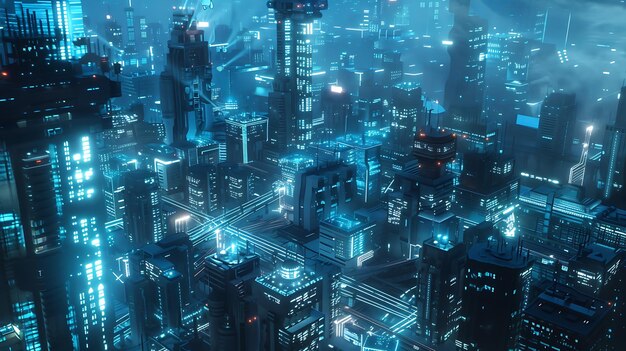 A stunning aerial view of a futuristic city at night