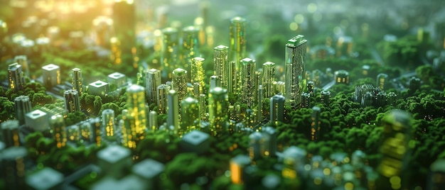 Photo stunning aerial view of a futuristic green city skyline at sunrise blending nature with urban