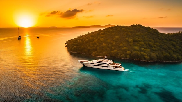 A stunning aerial view of a luxurious yacht in crystal clear waters surrounded by lush islands during a golden hour sunset