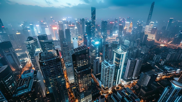 A stunning aerial view of a modern city at night The city is full of skyscrapers and lights and the streets are filled with traffic